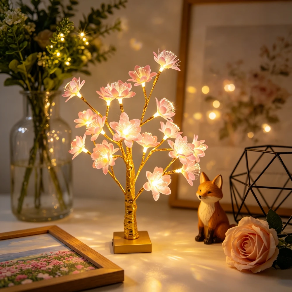 Camellia Flower Golden Birch Tree LED Table Lamp, Floral Desktop Night Light for Bedroom, Dining Table, Wedding Home Decorations