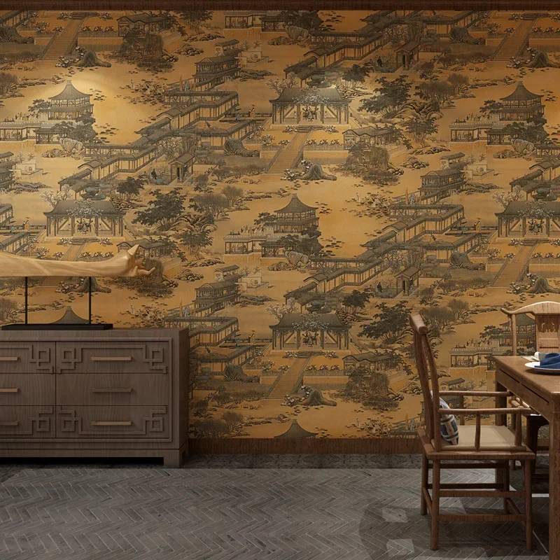 Chinese Classical Qingming Riverside Wallpaper Chinese Wind WallPaper Study Teahouse PVC Waterproof Printing Wallpaper W83