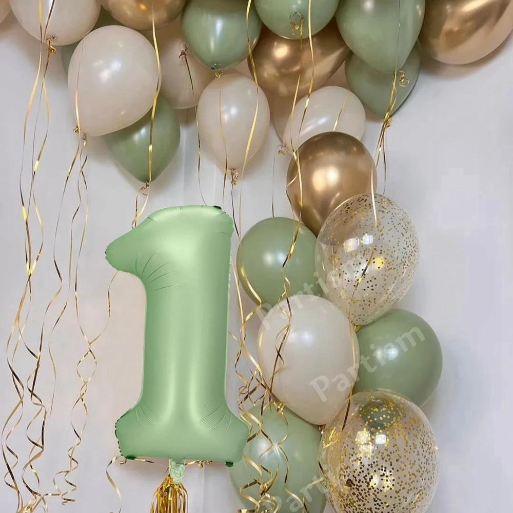 32/40inch Vintage Green Number Balloon Retro Green Balloon Set for Happy Birthday Baby Shower Anniversary Party Decorations