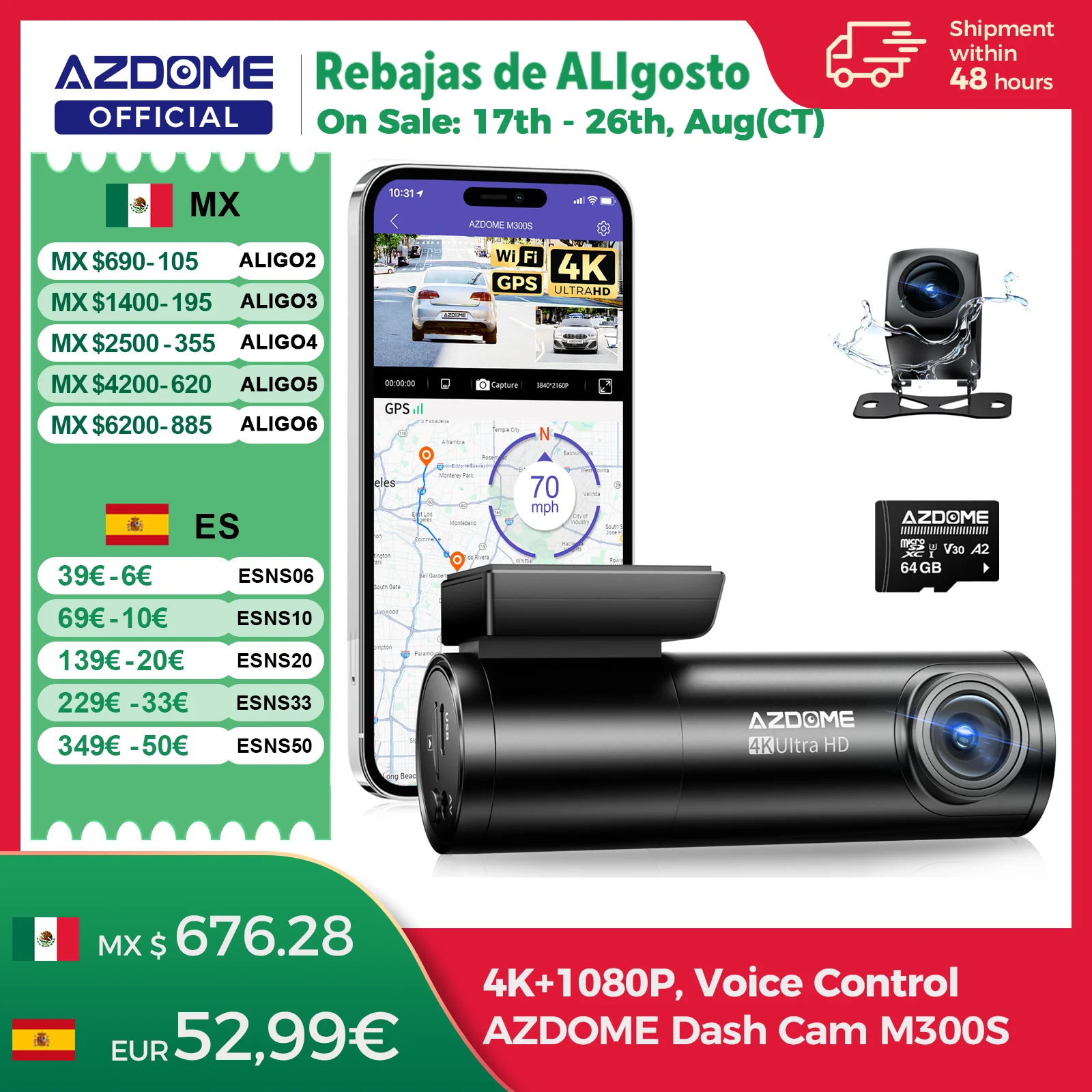 Imagen de Cámara para Auto AZDOME M300S 4K Delantera y Trasera, con ADAS Integrado, WiFi, GPS, Tarjeta de 64GB Gratis, Control por Voz, Visión Nocturna