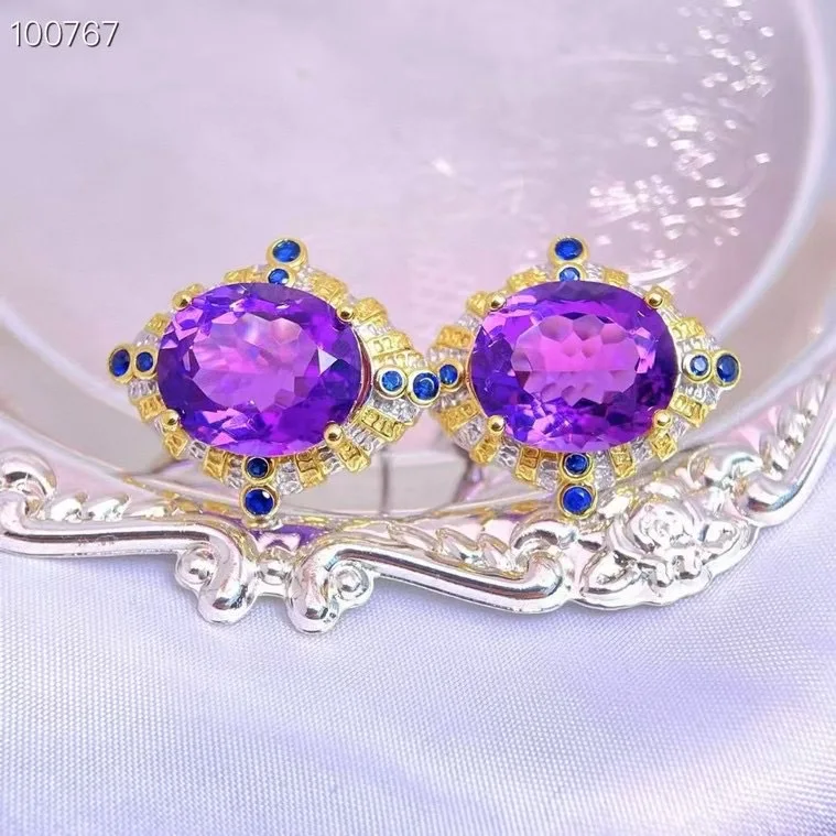 Natural Amethyst Earrings, 925 Silver Two-Tone Finish 10x14mm Main Stones, Handmade Crystal Jewelry Gift for Women