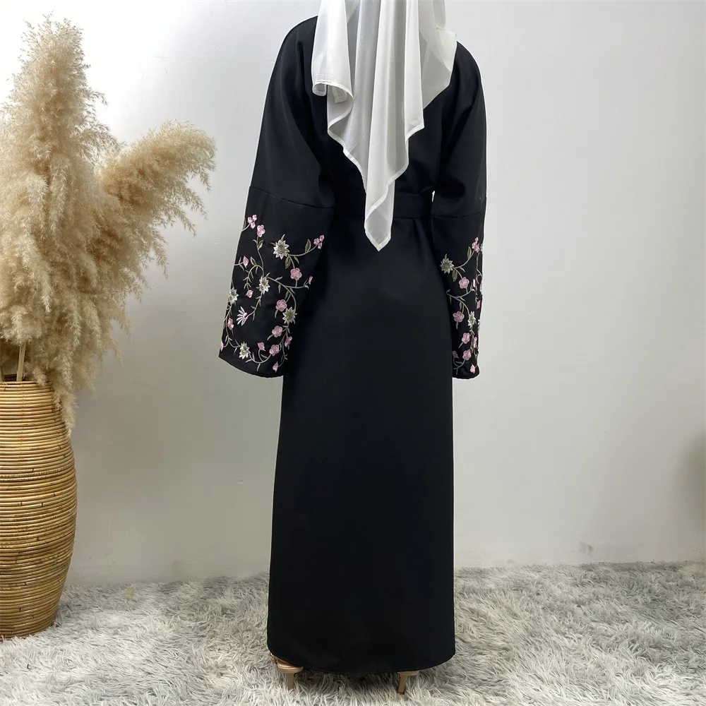 UNI ดอกไม้ปักเปิด Abaya กระเป๋าผ้าลินิน Abaya 2024 ธรรมดา Elegant ชุดมุสลิม Kaftan อิสลามเสื้อผ้าสําหรับผู้หญิง Kebaya