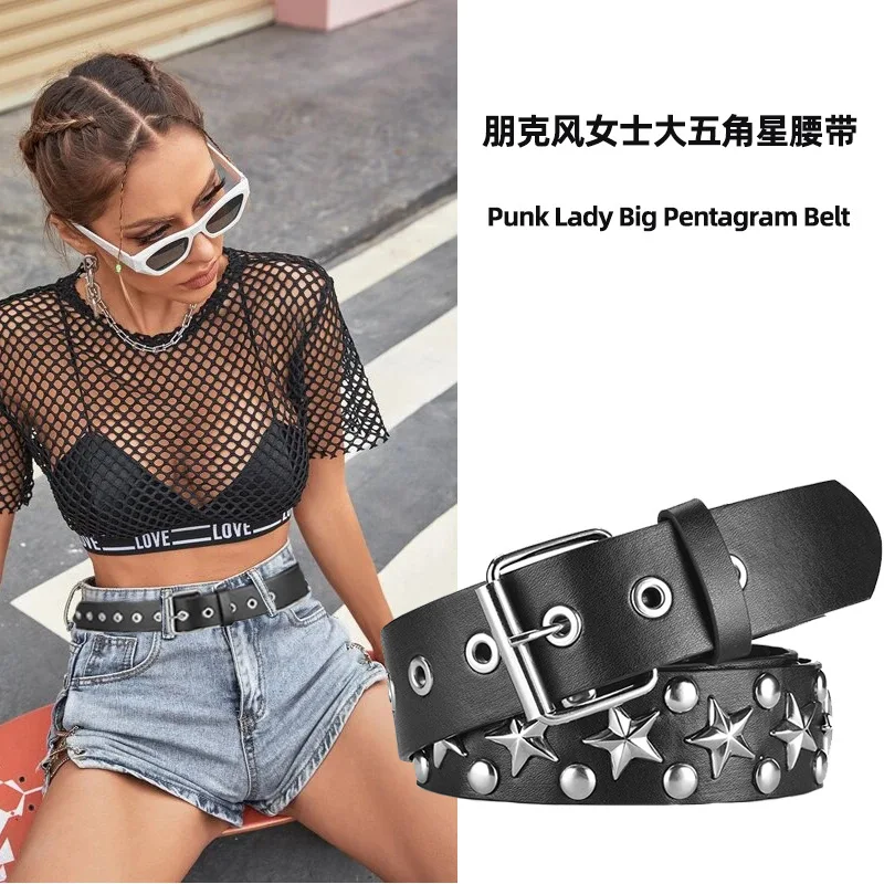 Punk Star Pu Eyelet Pin Buckle Belt For Women Y2k Nightclub Hot Girl Trendy Belt Versatile Adjustable Jeans Decorative Belt