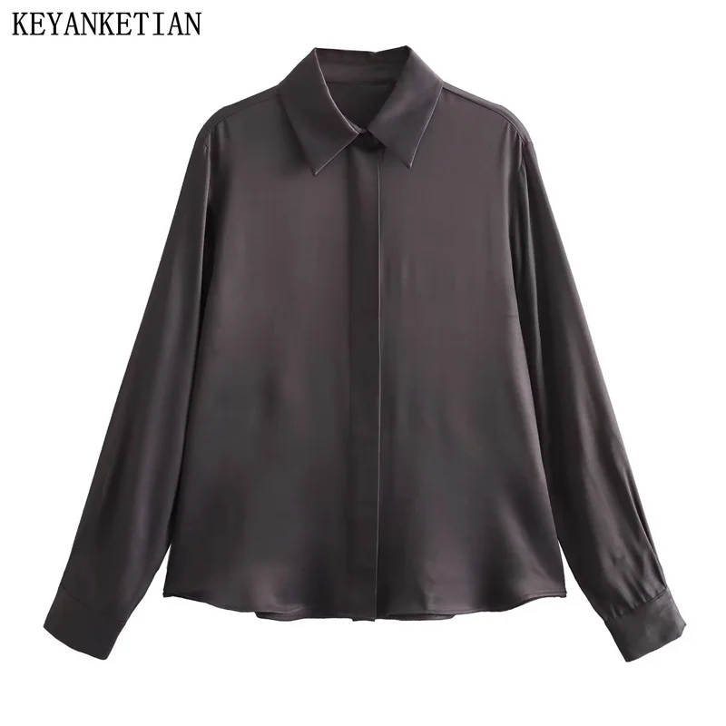 KEYANKETIAN Autumn New Women\'s Silky Texture Dark Brown Shirt Fly Single Breasted Long Sleeve Office Lady Blouses TOPS Blouse