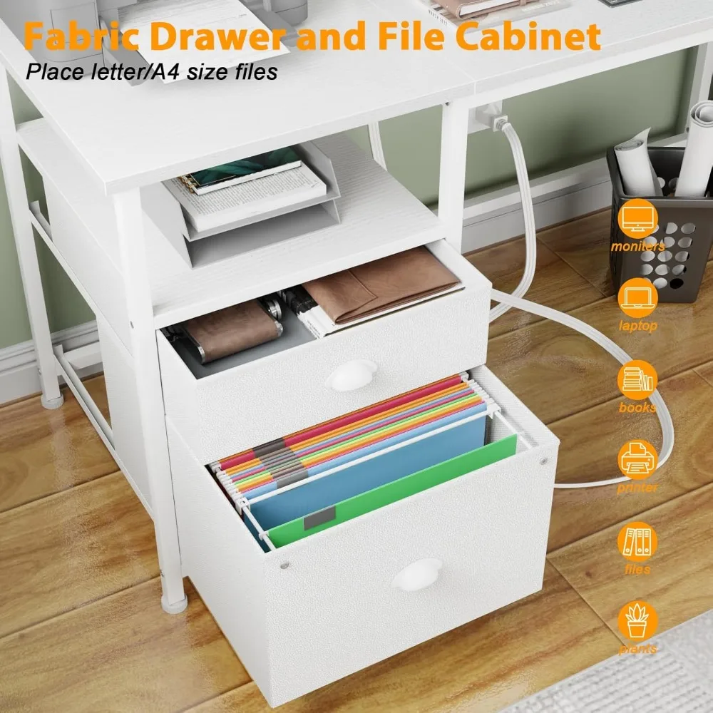 Furologee 61" Desk with LED Light & Power Outlets, Reversible Computer Desk with File Cabinet & Drawer, White Gamin