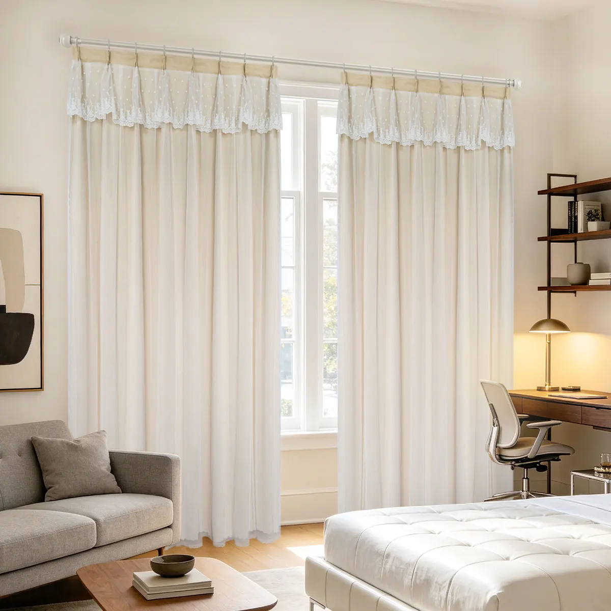 Beige Double Layer Lace Valance Pinch Pleat Curtains, Sheer Light Filter Drapes for Vintage French Cottage Bedroom Decor