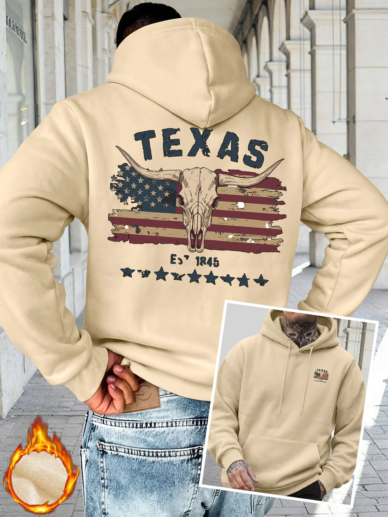 Herren Texas Longhorn Skull Sport-Hoodie Vintage Amerikanische Flagge Print Oversized Pullover Kapuzenpullover Herbst Winter – Detail 6