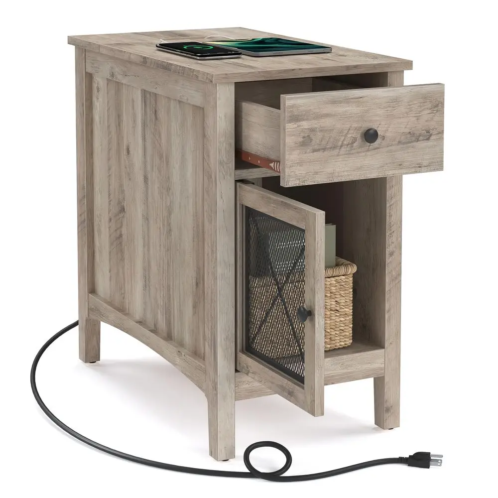 Side Table with Storage, End Table with USB Ports and Outlets, Nightstand with Charging Station, Drawer, Storage Cabinet, Magaz