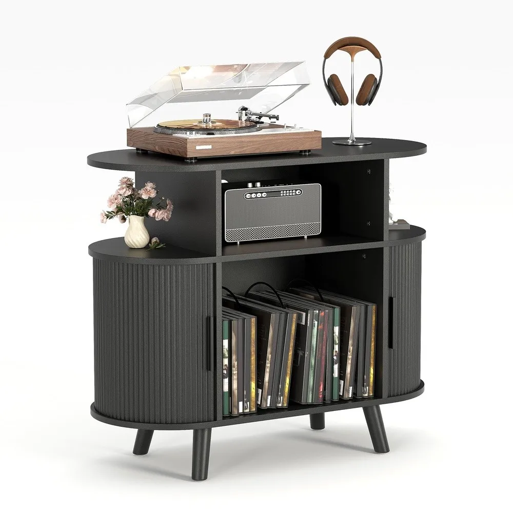 35'' Fluted Mid Century Modern Turntable Cabinet Large Round Record Player Stand with Charging Station and Display