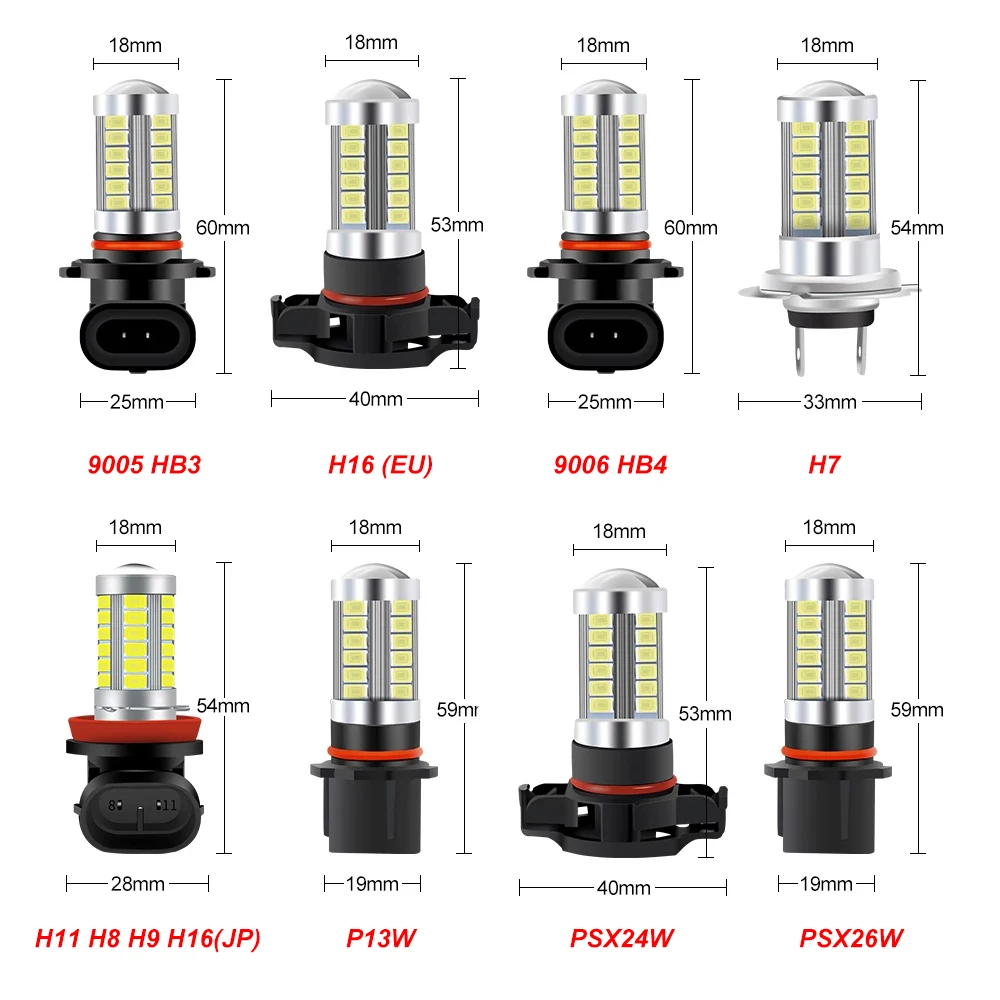 2pcs H8 H11 LED Bulbs HB4 9006 HB3 9005 H16 JP H9 Fog Lights Driving 5730 33SMD Tail Lamp Car Light parking 12V Auto 6000K White