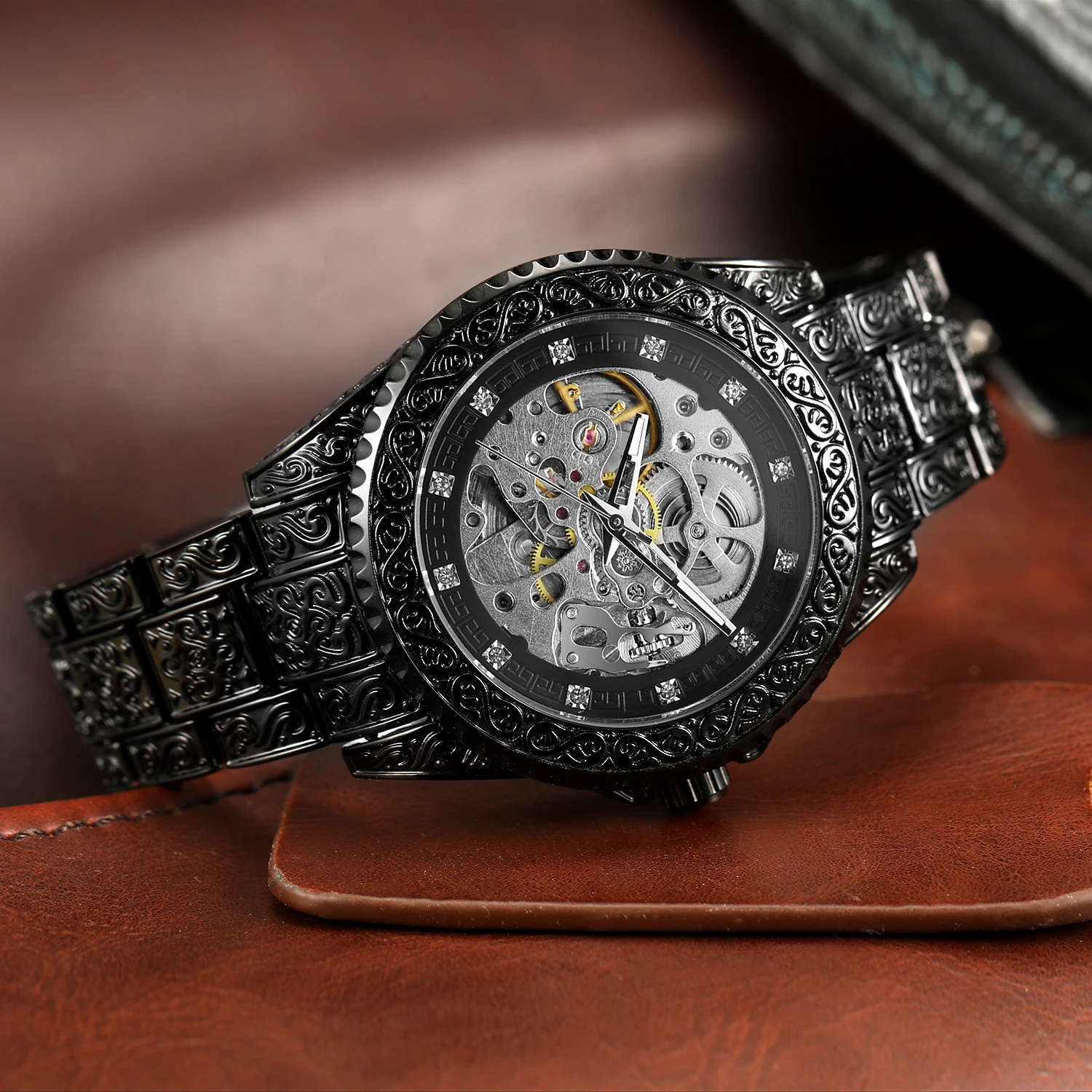 FORSINING Schwarz Vintage Carving männer Skeleton Automatische Mechanische Uhren Strass Coole Mode Retro Edelstahl Uhren