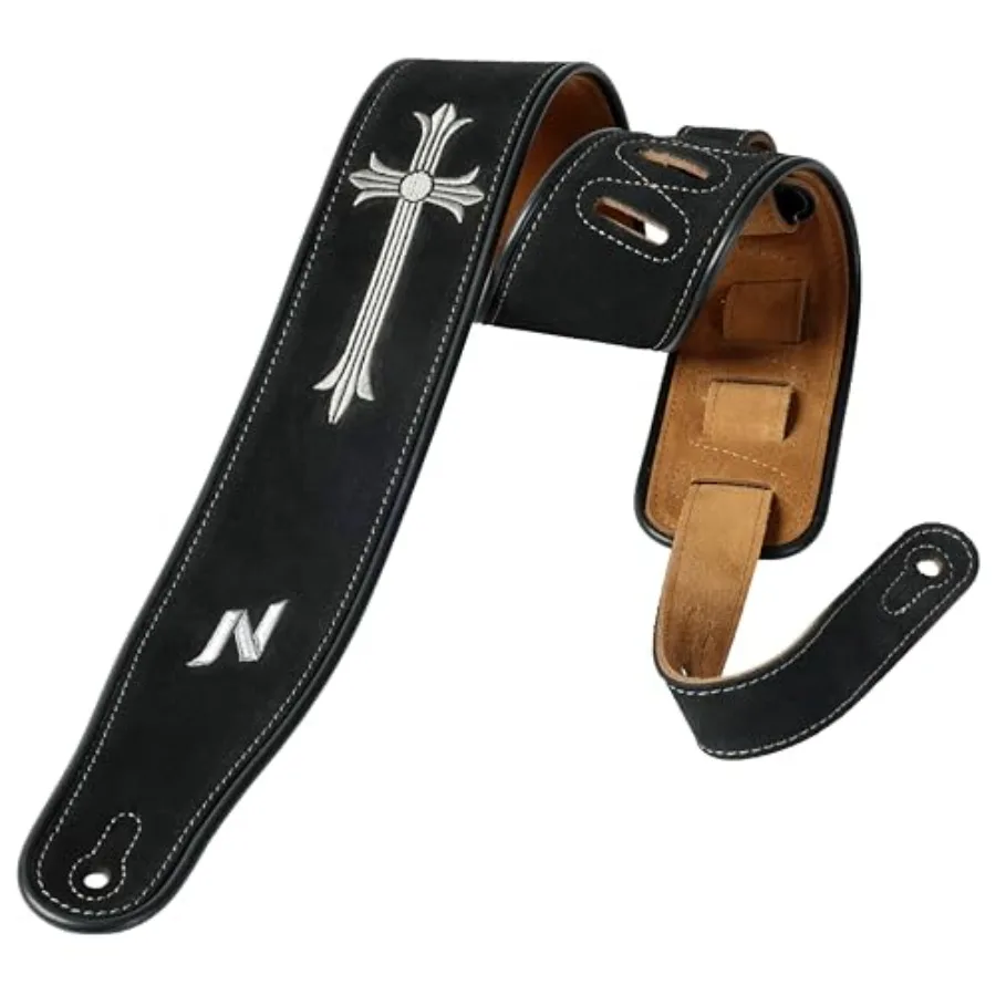 

Nefelibata Guitar Strap with Crucifixion Embroidery 2.7 Wide Double Layer Bavarian Tumbled Cowhide Guitar Strap with Foam Paddi