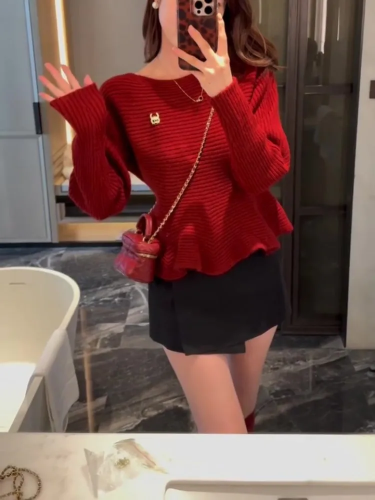 Maglione lavorato a maglia rosso di Capodanno da donna con design ingombrante in vita in pizzo Casual Faion Commute Sle Thi Maglieria calda