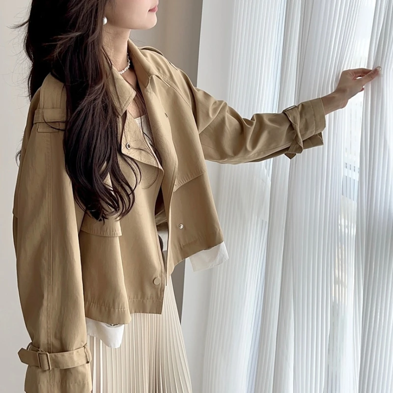 Khaki Cropped Trench Women Baggy Korean Office Lady Leisure Popular Basic Autumn Outerwear Harajuku Vintage  Coats New 2023