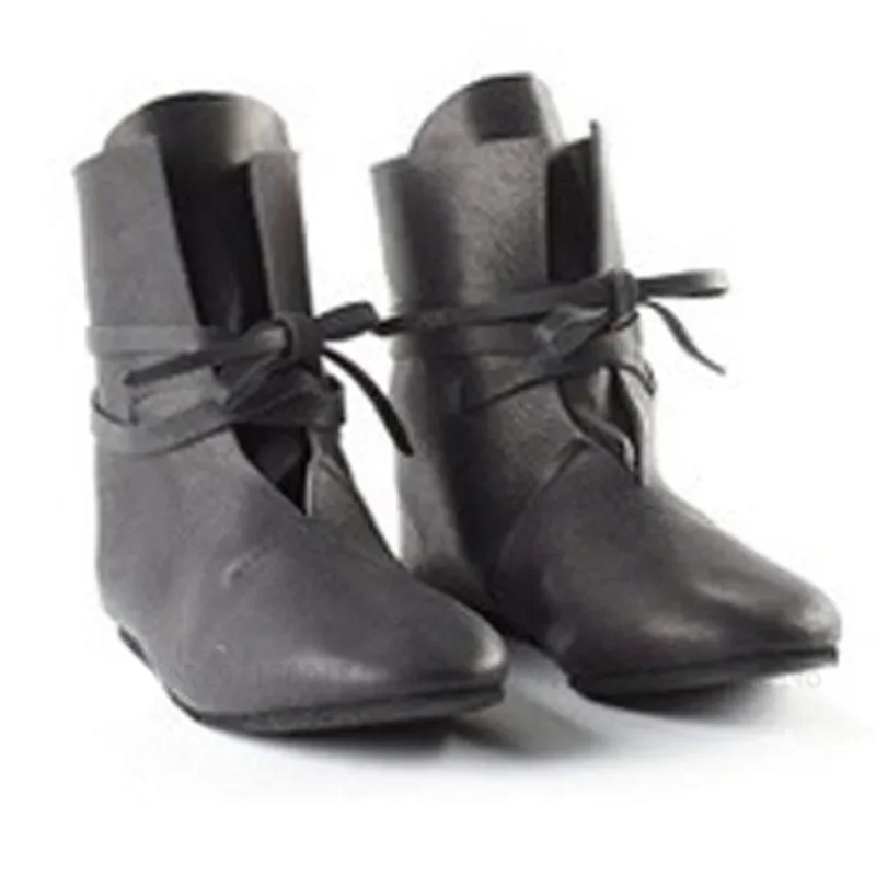 Halloween Pirate Boots Medieval Punk Men Knight Prince Elf PU Shoes Gothic Vintage Bandage Short Ankle Cosplay Costume Props