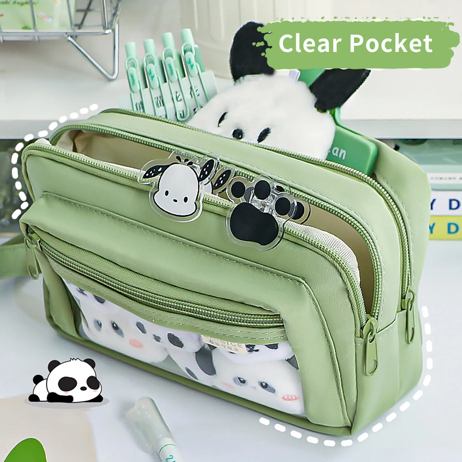 Clear Pencil Pouch Kawaii Itabag Pencil Case Double Layer Zipper Pen Bag with Handle for Student,Office