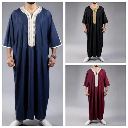 Imagen 1 del producto Verano 2025 Kaftan musulmán de manga corta bordado suelto Casual bata transpirable Abaya islámica para hombres