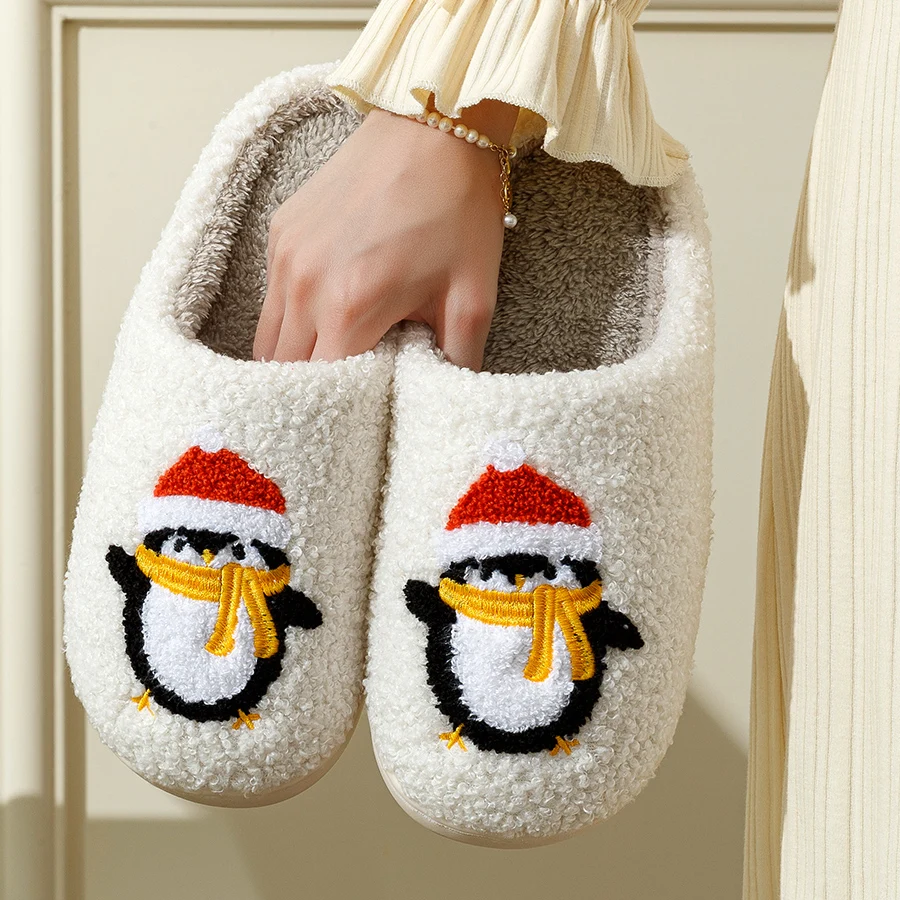 Women's Slippers Winter Penguin Christmas Home Cotton Cute Comfy Flat Slip-on Merry Christmas Bedroom Shoes for Gift