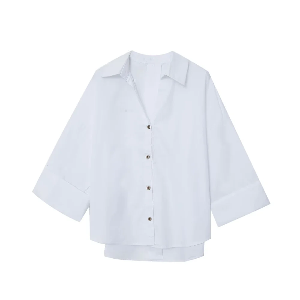 قميص نسائي ذو طية صدر السترة بأكمام خمسة أرباع مزين بصدر واحد للصيف، قميص كاجوال بأكمام واسعة