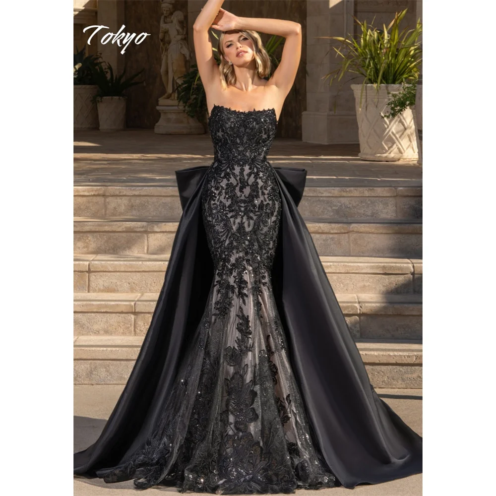 Tokyo Customized Black Strapless Wedding Dresses Sleeveless Mermaid Back Zip Bridal Gown Elegant Detachable Train Wedding Gown