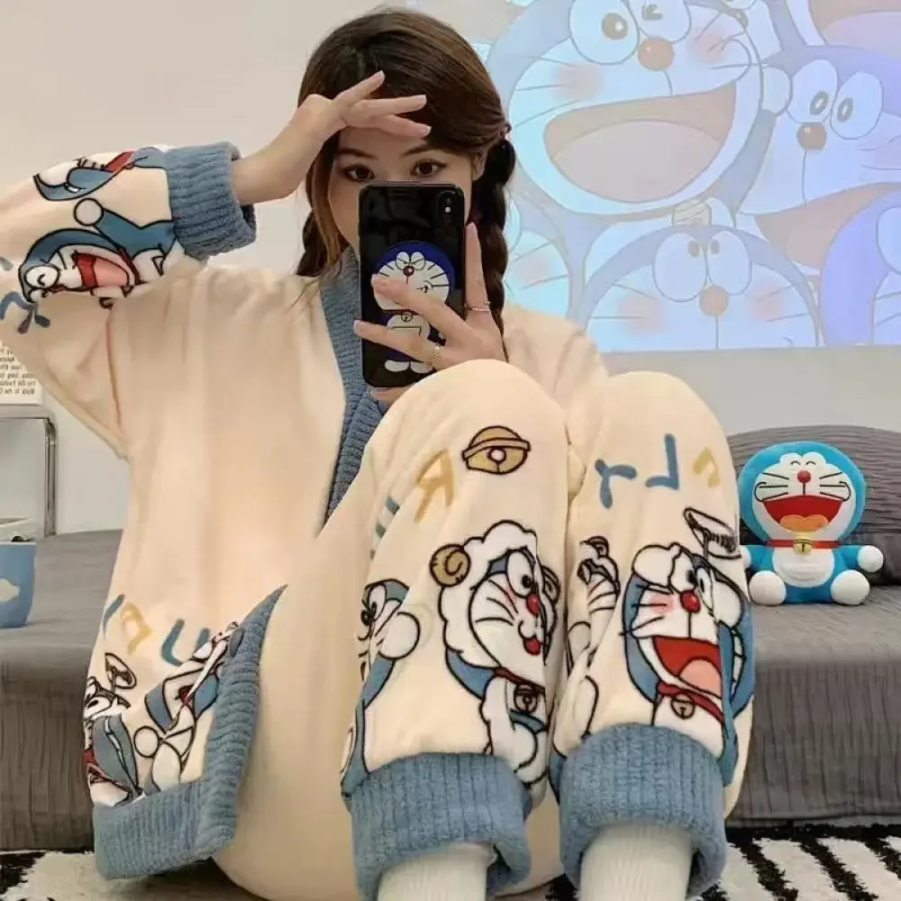 Sanrioed Kawaii Cinnamoroll Kuromi Cardigan Plush Pajamas Set for Women Anime My Melody Home Clothes Spring Winter Sweet Thicken