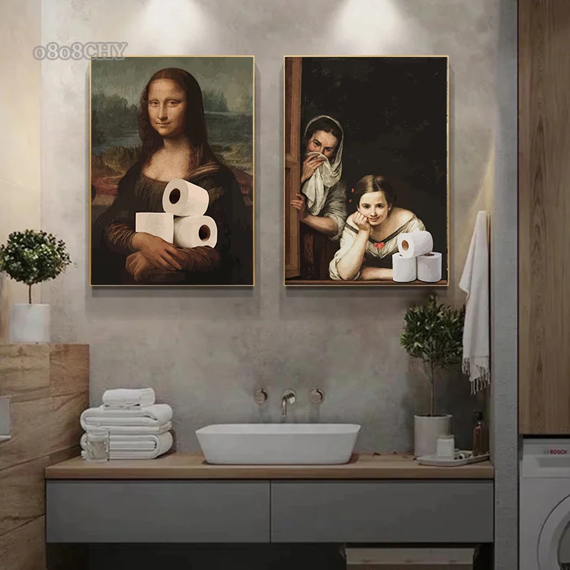 Funny Portrait Bathroom Canvas Posters Mona Lisa Bathroom Meme Funny Toilet Canvas Prints Paintings Unique Home Bathroom Decor