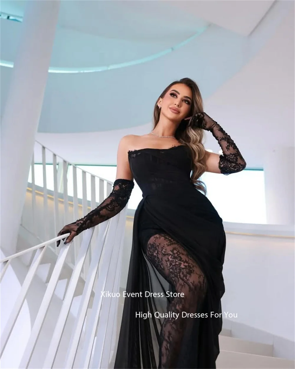 Xikuo Black Illusion Lace Evening Dress Delicate Appliques Vestidos De Noche Glamorous Mermaid Celebrity Party Dress Customized