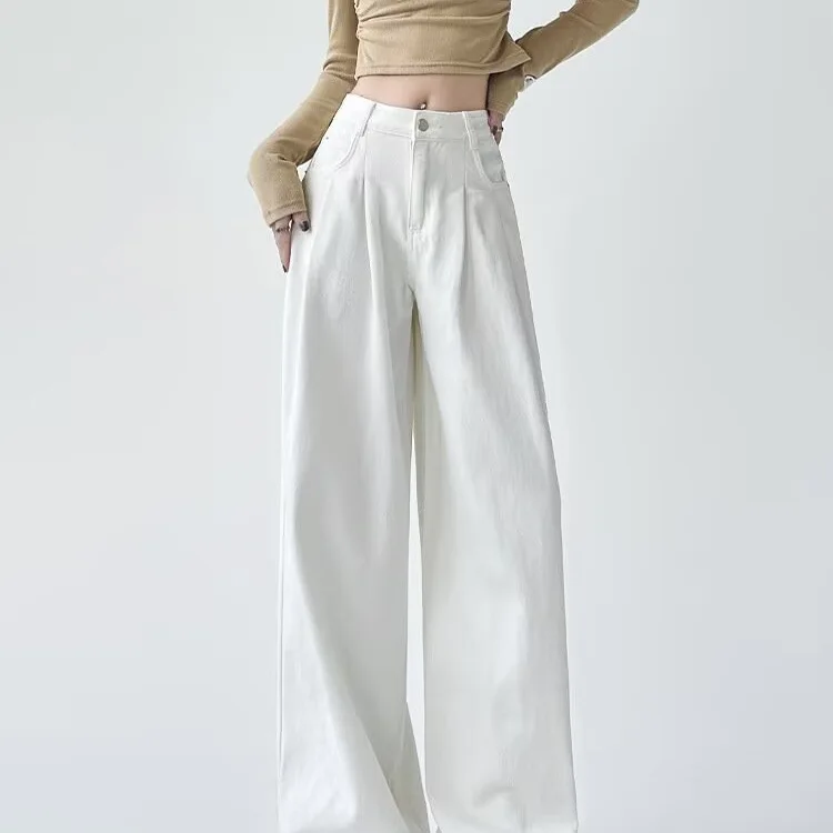 White Wide Leg Jeans For Women New Pleated Loose Slimming Hip Covering Draped Floor Length Straight Pants