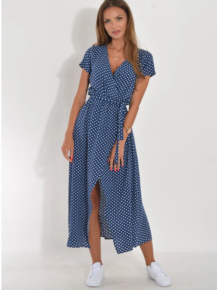 Moda V-neck Krótki rękaw Kwiatowy nadruk Sukienki midi Kobiety 2023, Lato Casual Polka Dots Boho Biuro Ladies Sukienki Dla Kobiet