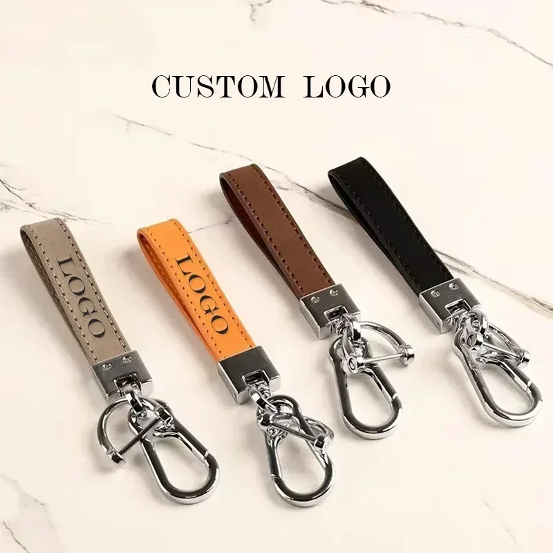 Custom LOGO Name Genuine Leather Portable Car Keyring Creative and Simple Key Chains High-end Elite Keychain Small Pendant Gift