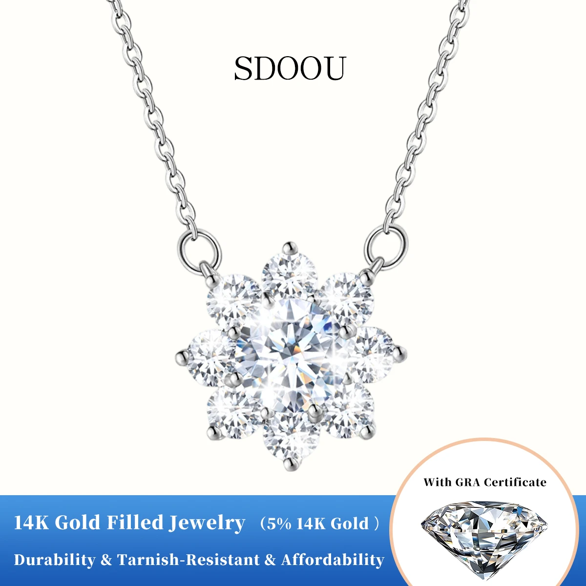 

SDOOU Luxury 14K Gold Filled 0.5-3ct Moissanite Flower Necklace Pendant Anniversary Valentine Bridal Gift for Her