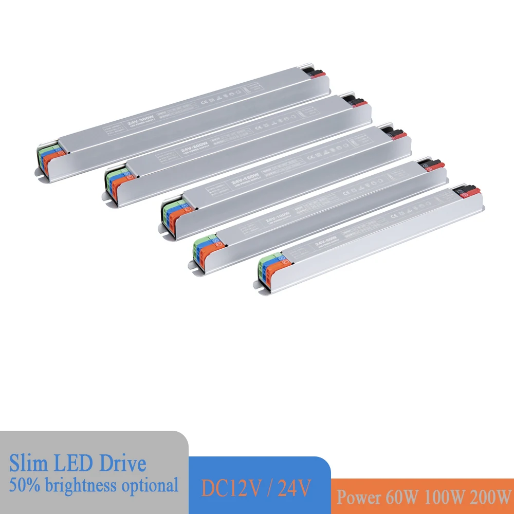 Slim LED Driver 60W 100W 200W Power Supply Adapter AC220V 230V DC12V 24V Dimmable Ultrathin Transformer 50% Brightness Optional