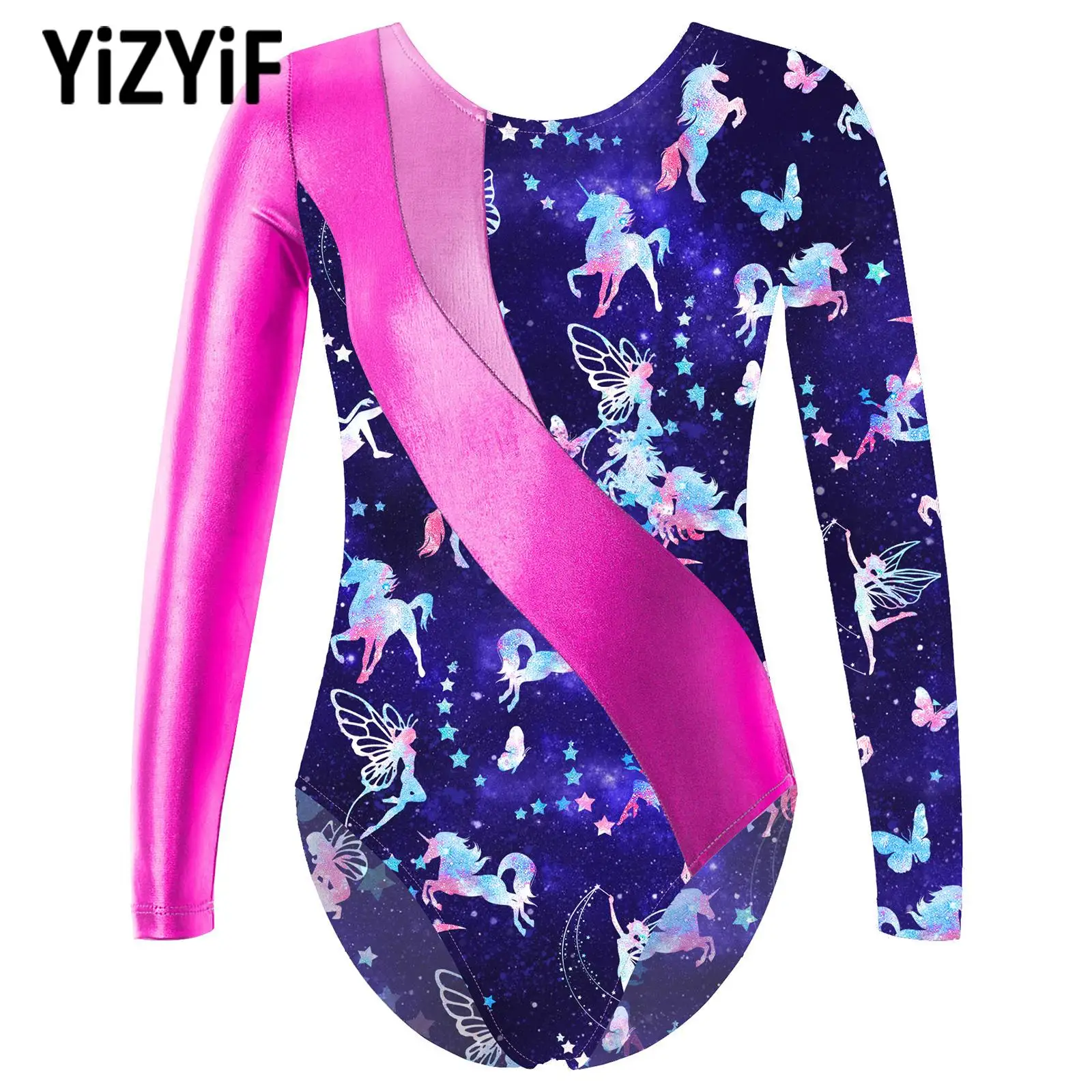 Toddler Kids Girls Color Block Ballet Leotards Costume Gymnastics Dancewear Long Sleeve Metallic Shiny Sport Dance Yoga Bodysuit