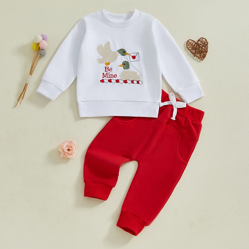 Baby Valentine Outfit Duck Embroidery Long Sleeve Sweatshirt and Elastic Pants Set for Newborn Infant Clothes