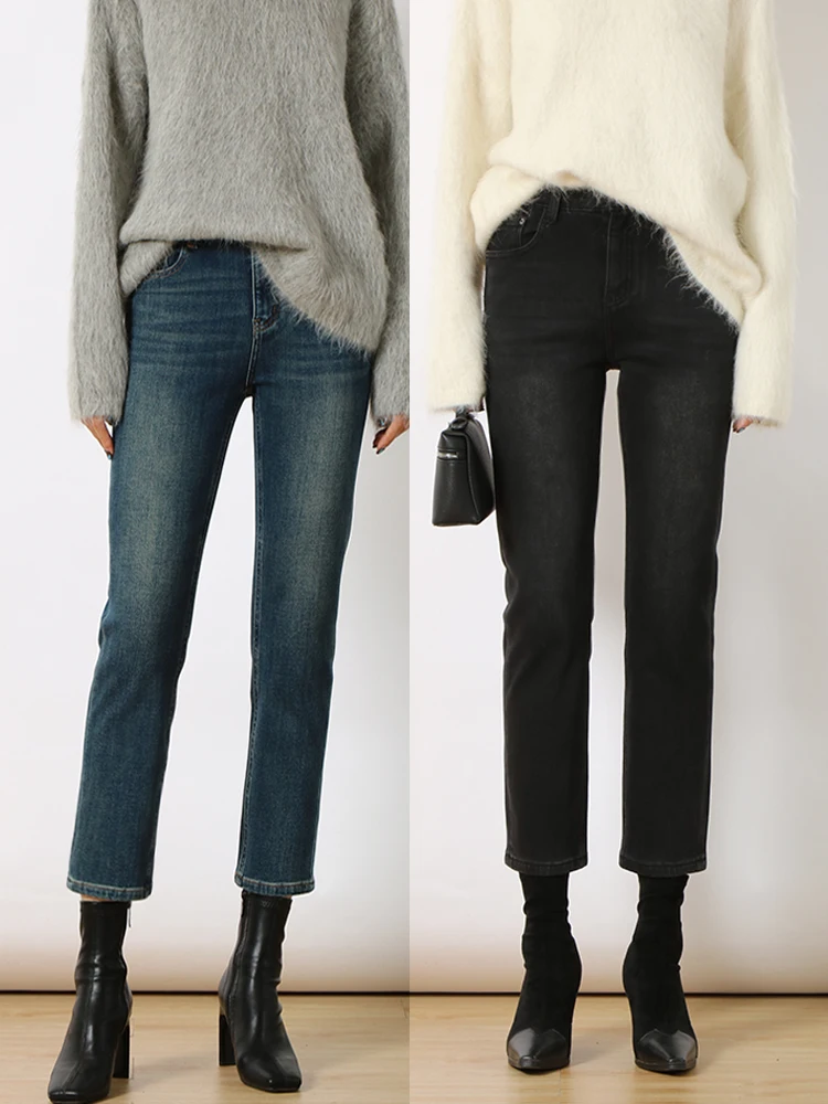 High Waist Slim Fit Straight Leg Denim Jeans Women's Four Way Stretch Cigarette Pants Cotton Stretch Denim All Seasons