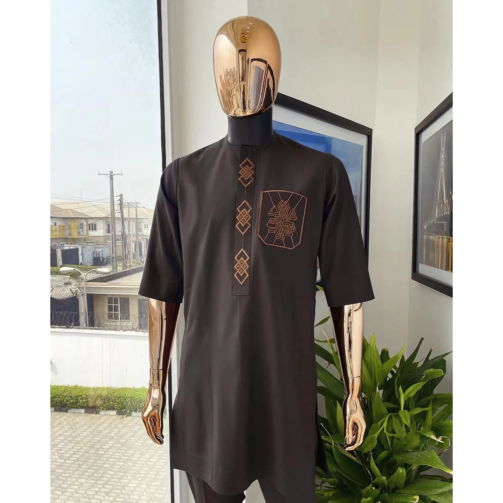 H&D African Clothes for Men 2 Pieces Set Fashion Embroidered Tops and Pants Traditional Clothing Rich Bazin Original Wedding