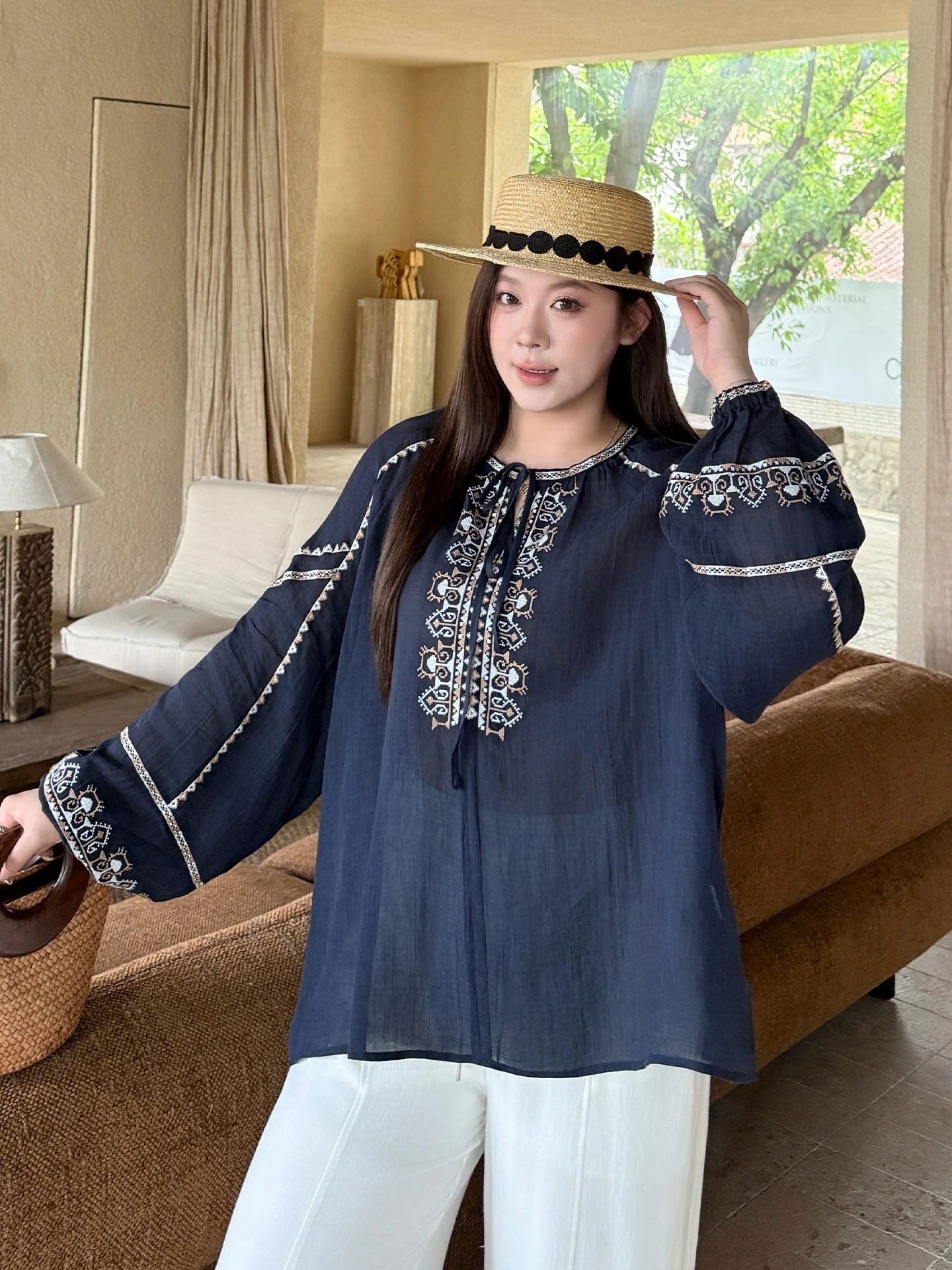 

High-End Lyocell Flax Shirt Women's plus Size Loose Slimming Long Sleeve Holiday Sun Protection Top Korean Style Casual Wear