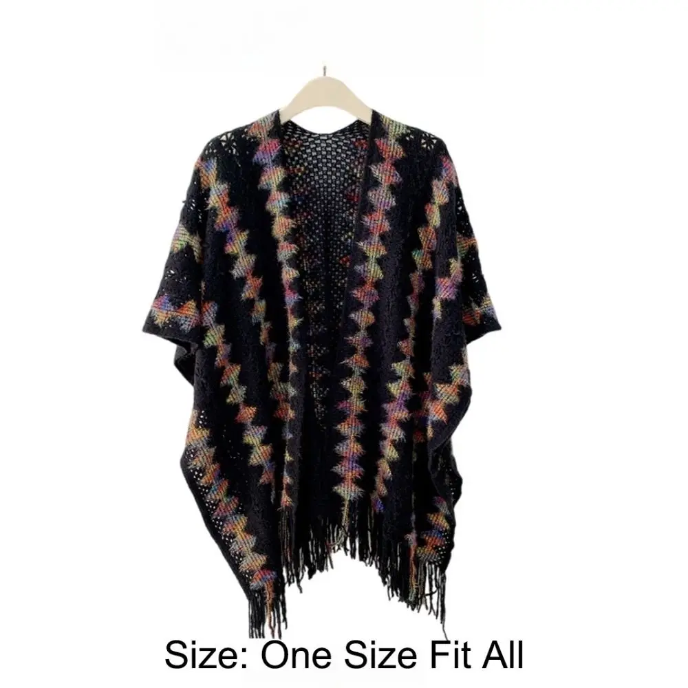 الفاخرة العرقية نمط محبوك شال شتاء دافئ أنيق شريط شرابة شال معطف تراكب أزياء المرأة