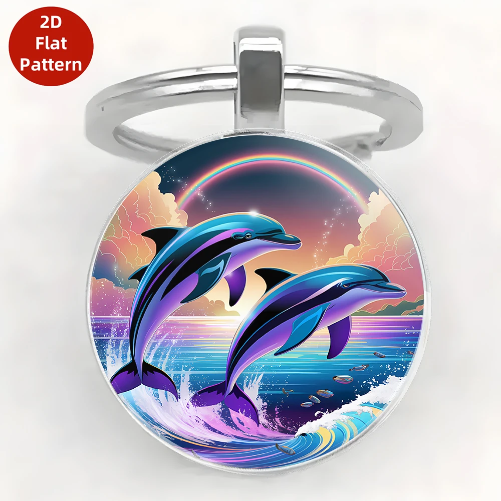 Stilvoller 2D-Schlüsselanhänger aus flachem Glas, Unisex, Schildkröte, Delfine, Schwanz, Tiere, Anhänger, Schlüsselornamente, Outdoor, Surfen, Paar, Geschenkzubehör