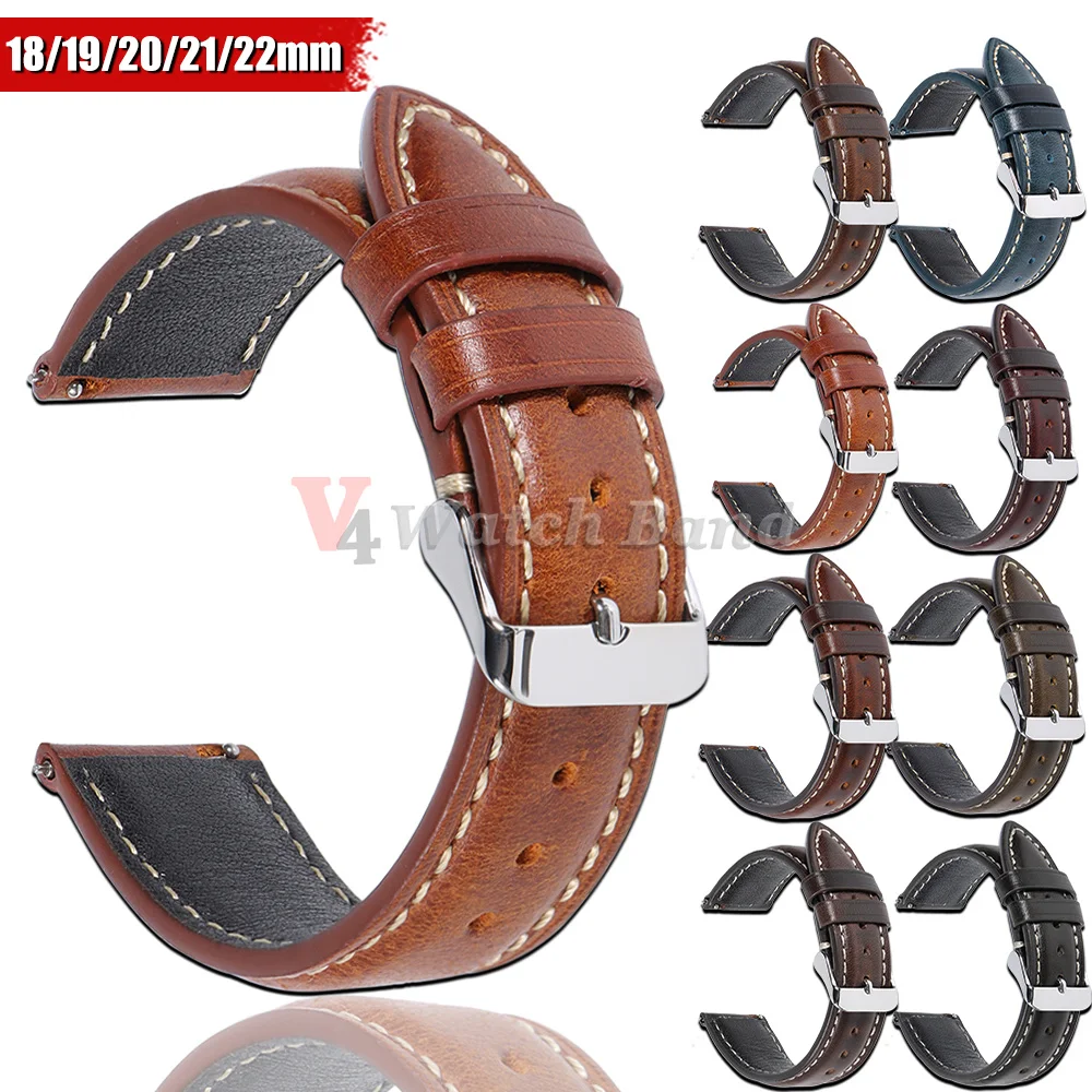 Top Grain Natural Leather Brown Band 18/19/20/21/22mm Watch Strap Wax Genuine Leather MenWomen Watch Band Stainless Steel Buckle