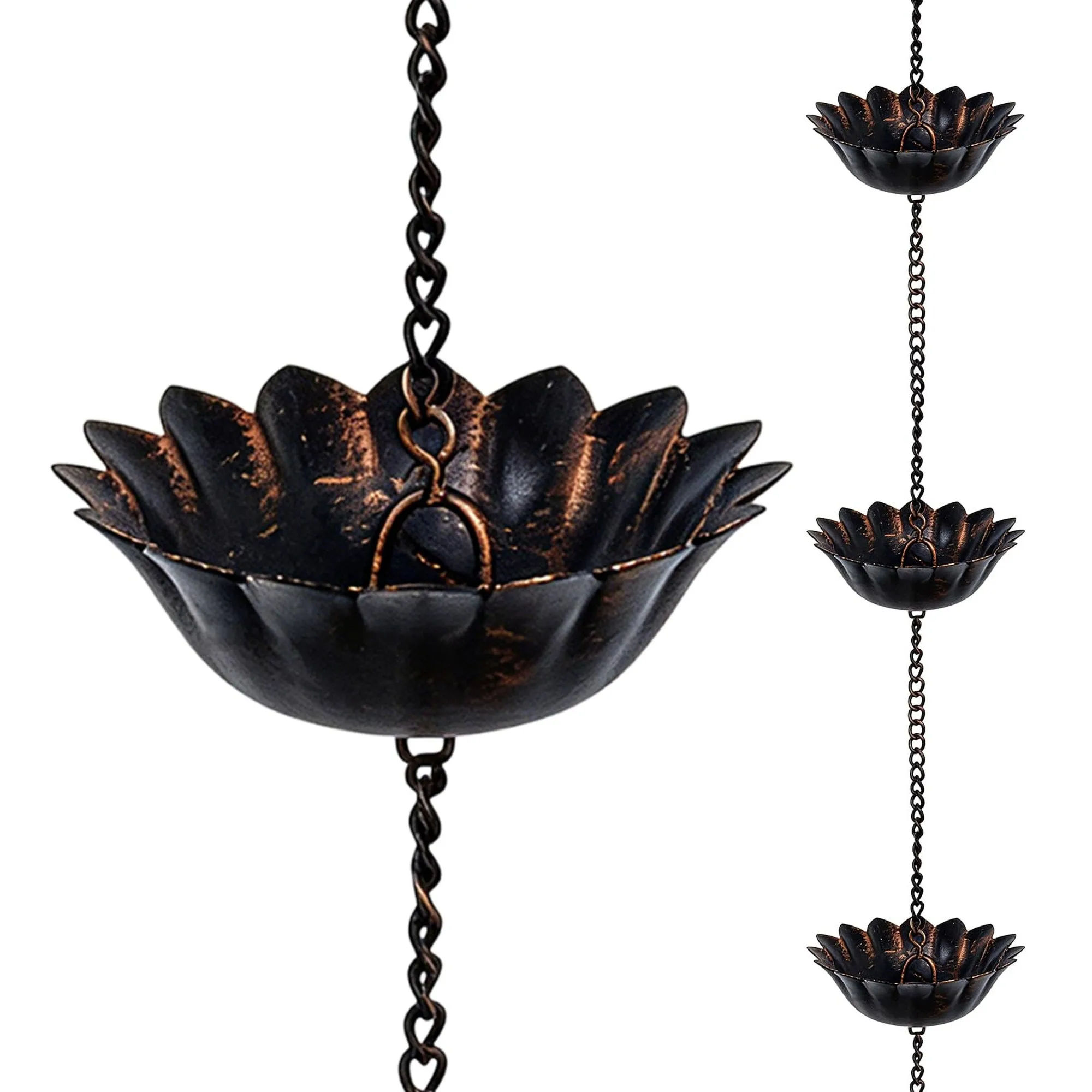 8.5 ft 12-Cup Metal Rain Chain with Adapter Stake Bell, Outdoor Gutter Replacement for Eaves Garden Drainage