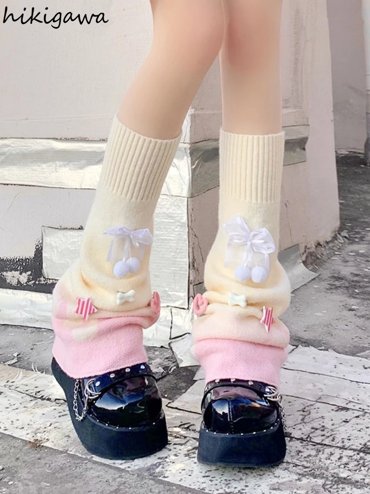 

Sweet Bowknot Leg Warmers Lolitas Style Gradient Knitted Socks for Girls Warm Foot Cover Cute Ballet Guards Socks Long Stockings