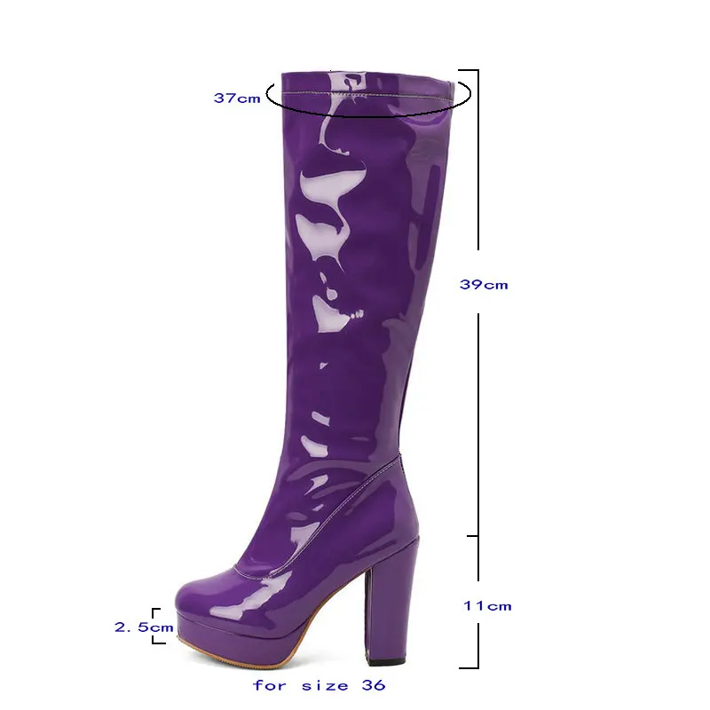 2022 Candy Colors Women Knee High Boots Platform Square High Heel Ladies Calf Boots Patent PU Leather Round Toe Zipper Shoes