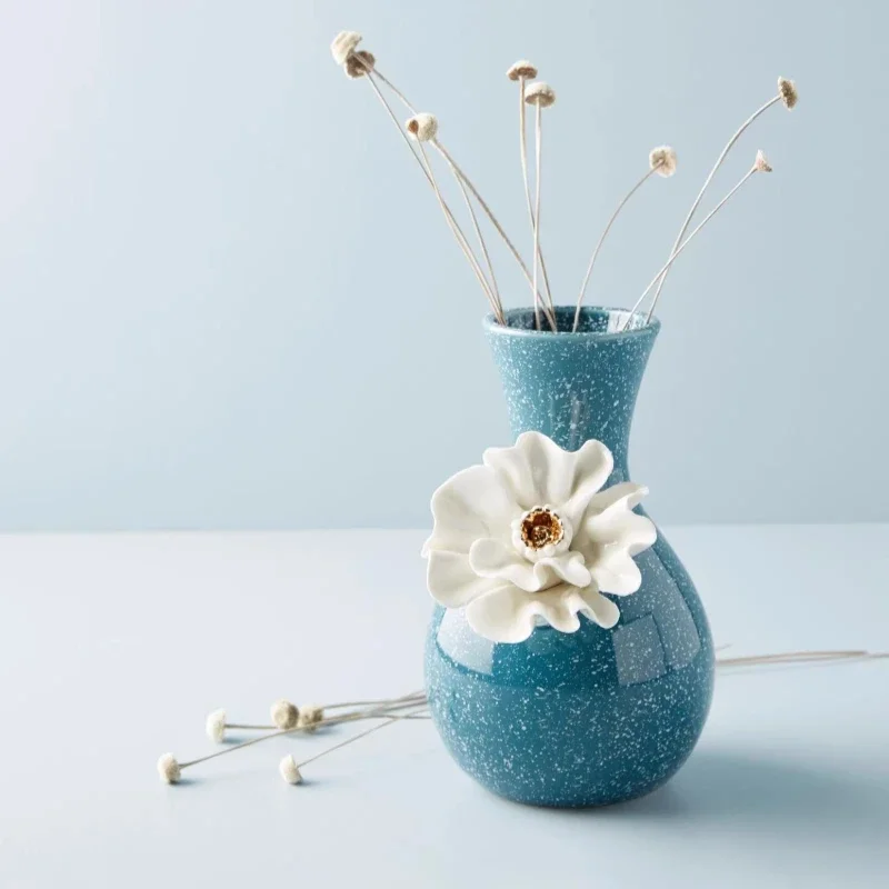 Handmade ceramic blue and white dot three-dimensional anemone flower, vase