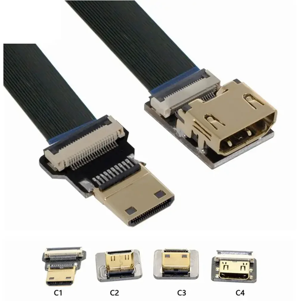 

10CM Ribbon FPV HDMI-Compatible Connector Flexible Flat Cable Raspberry Pi 4 HDMI to HDMI/Mini HDMI Female 90 Degree FFC 20pin
