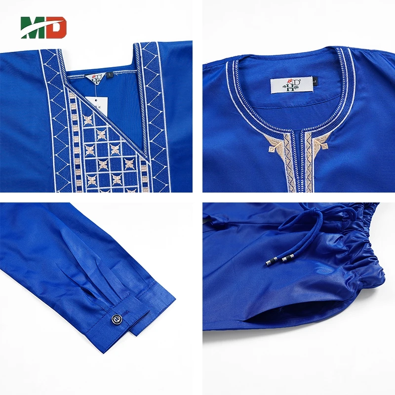 MD 아프리카 아동복 전통 앙카라 대시 키 2-10 년 소년 3PCS 자수 Thobe Fashion Bazin Blue Kaftan 2025