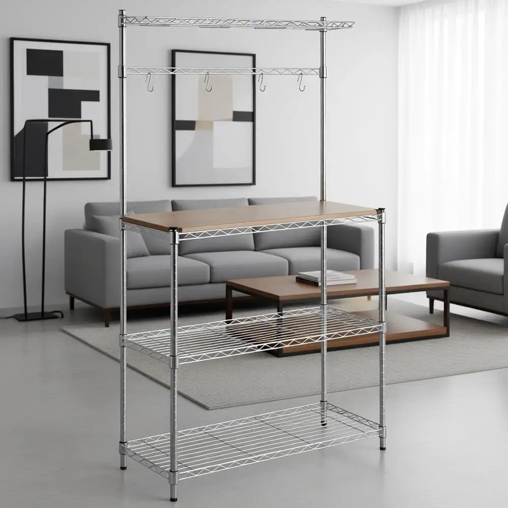 

Wood and Chrome Kitchen Bakers Rack with Removable Top and Storage, 14x35.83x63.31