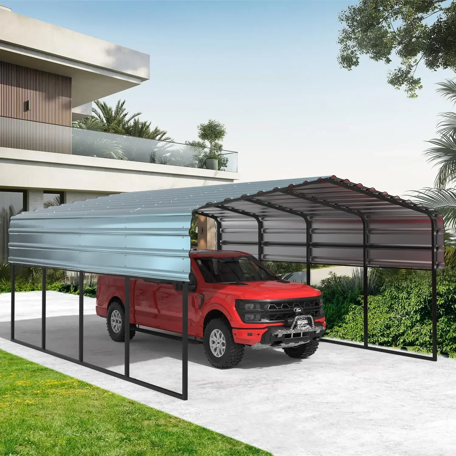 12x20 FT metalen carport, 12' x 20' x 8,6' zware carportluifel met gegalvaniseerd metalen dak en frame voor pick-up