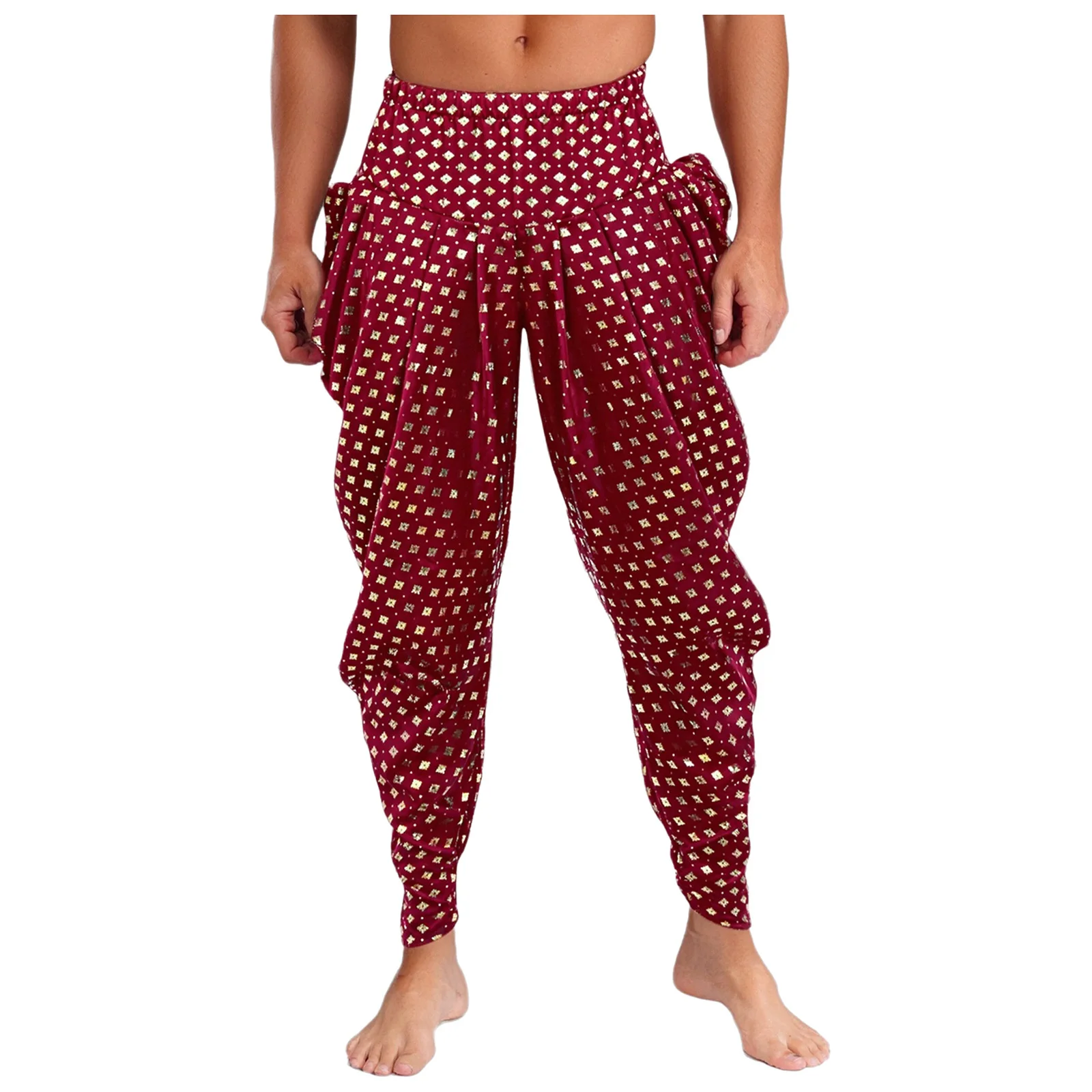 

Men Metallic Floral Satin Dhoti Pants Traditional Indian Ethnic Circus Clown Stage Performance Halloween Theme Party Costume