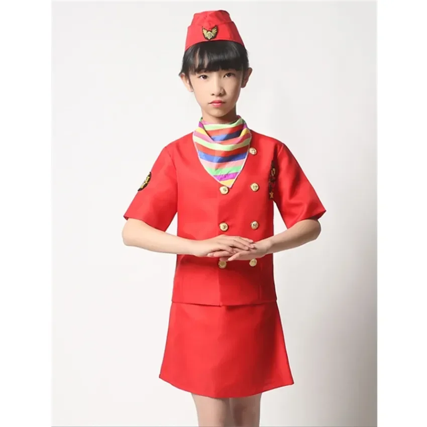 90-160cm Kids Aircraft Cosplay Costume Halloween Party Stewardess Suit Fancy Pilot Uniforms Girls Performance Clothing Set